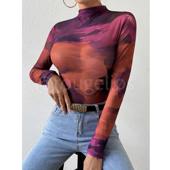 Multicolor Mesh Tie Dye Long Sleeve Sheer Shirt Slim Fit - Picture 1 of 6